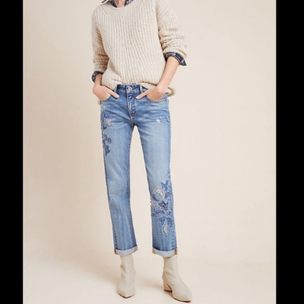 Pilcro and the letterpress slim boyfriend embroidered jean